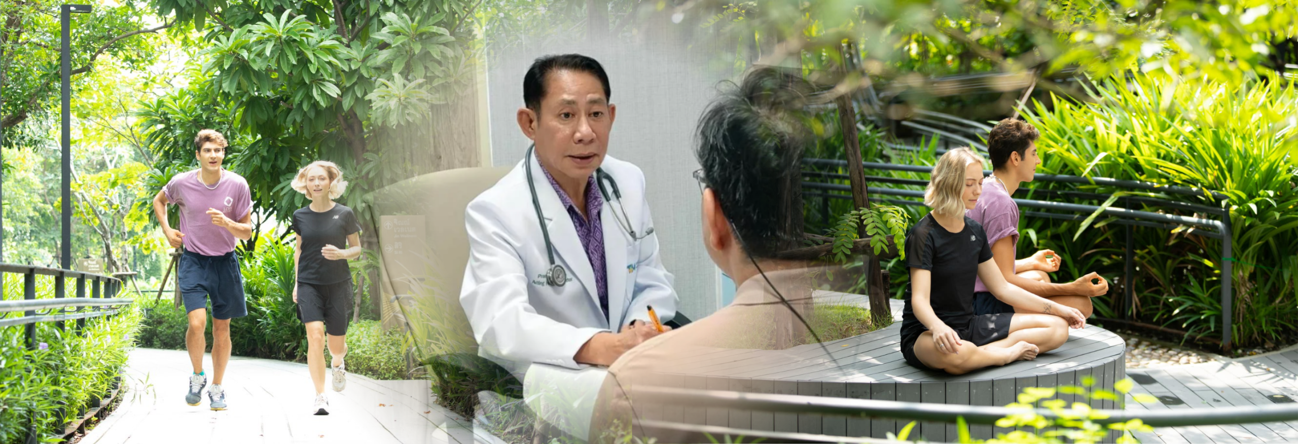 ภาพคอลลาจที่แสดงกิจกรรมการบำบัดแบบองค์รวมที่ Horizon Rehab Center ทั้งการออกกำลังกาย การให้คำปรึกษา และการทำสมาธิ